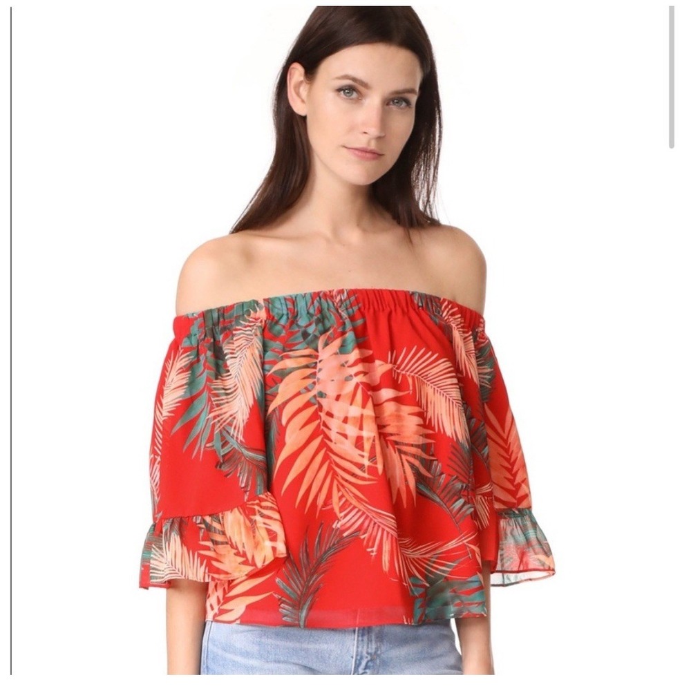 Rebecca Minkoff Women's Red Floral Faith Off Shoulder Top Size Large Tropical